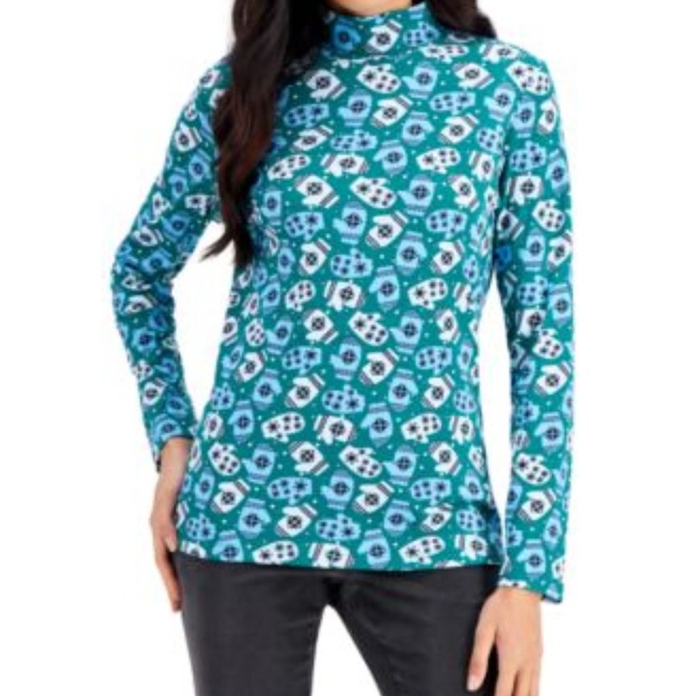 KAREN SCOTT MARINE GREEN MITTEN MADNESS MOCK NECK LNG SLV TOP NWT